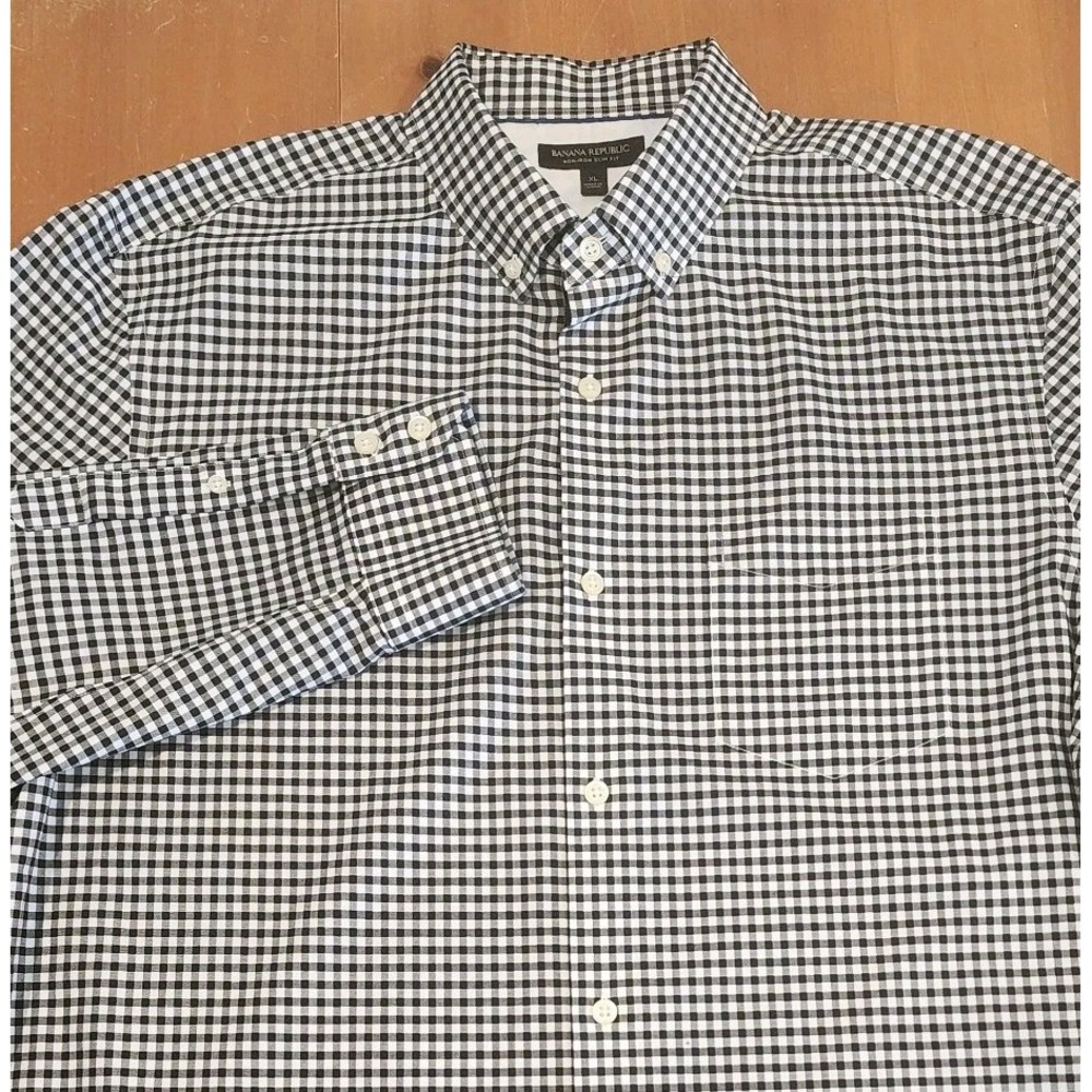 Banana Republic Button Down Shirt Mens XL‎ Black White Check Slim Fit Non Iron